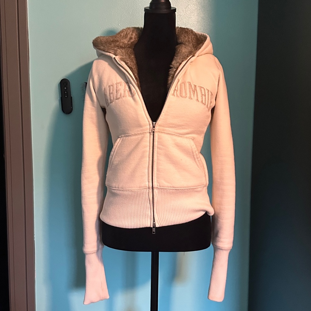 OG vintage Abercrombie Fitch tan cream brown fur lined hoodie zip up small